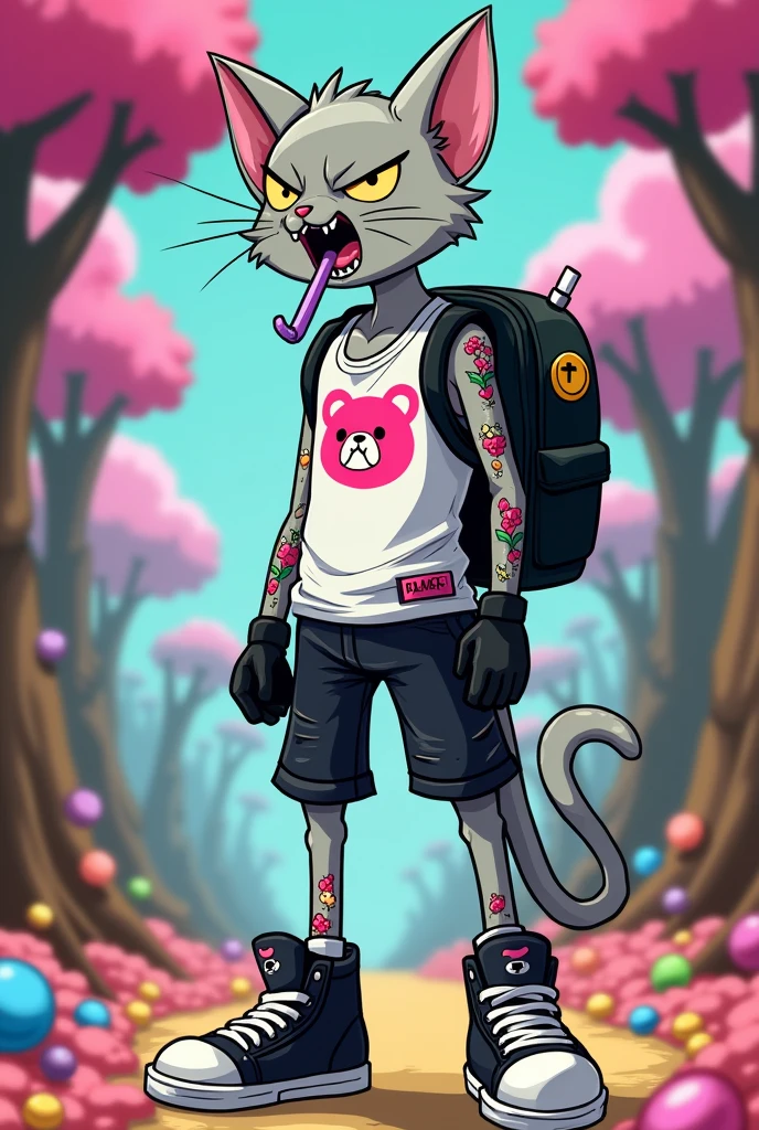 Create a high, light gray humanoid cat male thin, he has a cut over his left eye and his right ear has a tear at the tip, wearing a ripped white tank top with a pink teddy bear print, Nike high top sneakers, black gloves, a lolipop holster that carries candy, A long black pair of shorts, light blue eyes with an angry expression, He has a crazy face, he has some tattoos on his body, wears a black backpack and smokes a purple cigarette. O fundo deve ser uma floresta de doces, o personagem TEM UMA CARA DE LOUCO, CRAZY, ELE TEM UM CORTE NA CARA, CORTE NO ROSTO. O estilo de arte deve ser o estilo Cartoon Adventure Time.