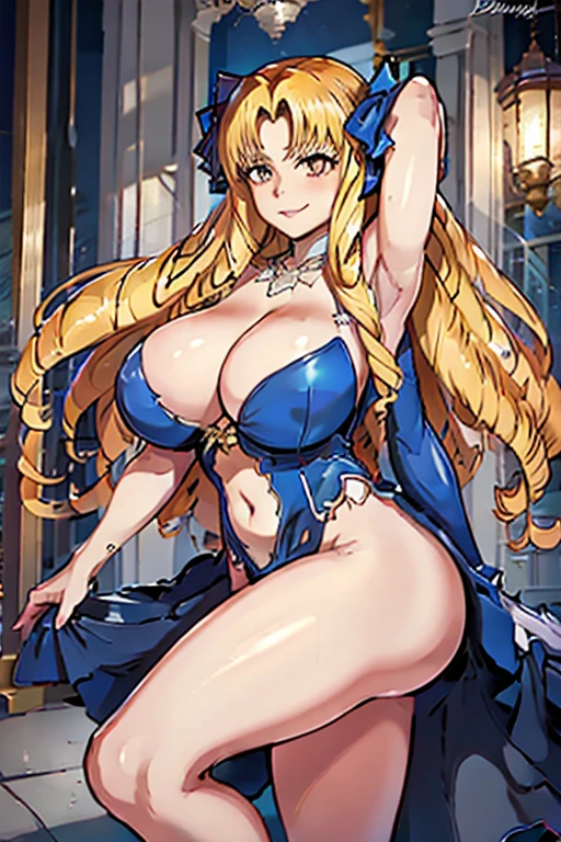 Image of a beautiful, voluptuous woman with huge, pendulous breasts, red and golden hair, pretty face, big, bright eyes, full body, in a full-length photo. She is a combination of Luviagelita Edelfelt and Ishtar, with giant, naturally sagging breasts, curvy and toned body, cat-shaped eyes and a monster body. The image is high resolution, with an emphasis on realistic details and sexy quality. The breasts are 145 cm, huge and natural. Pink bodycon dress and microdress made of shiny, extremely wrinkled latex, with deep neckline, tight waist, and adorned with a golden necklace. Long, blonde drill hair with hair ribbon, brown eyes, captivating smile, arms behind head, set in a glamorous venue."