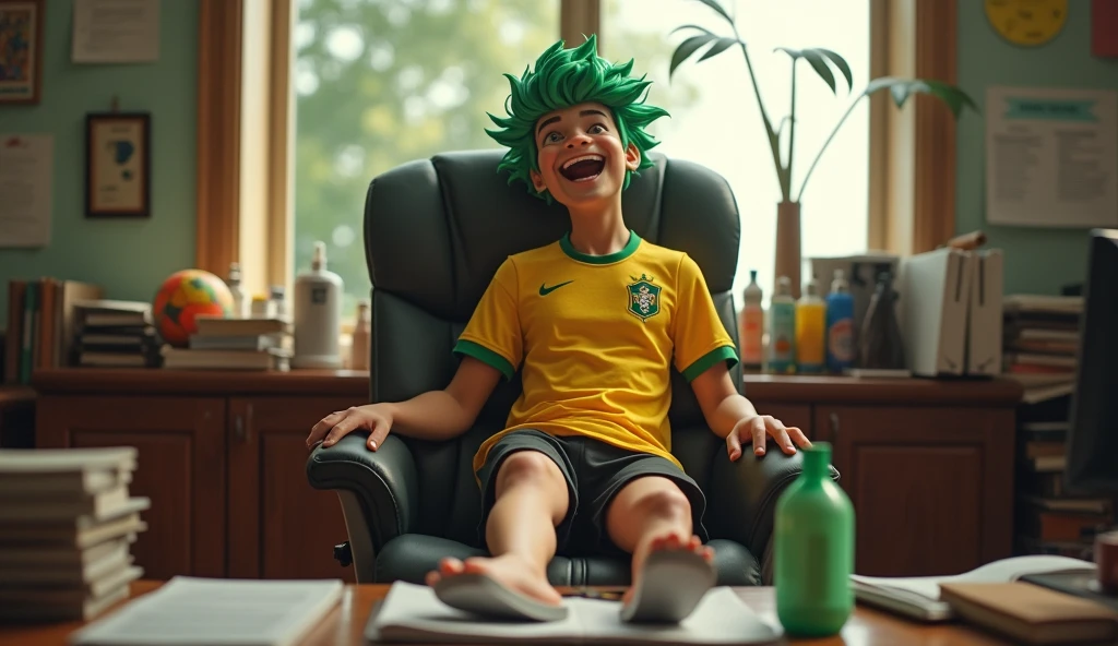 Um homem brasileiro, with green hair, Corinthians shirt, with black shorts and white flip-flops sitting in a secretary chair laughing a lot