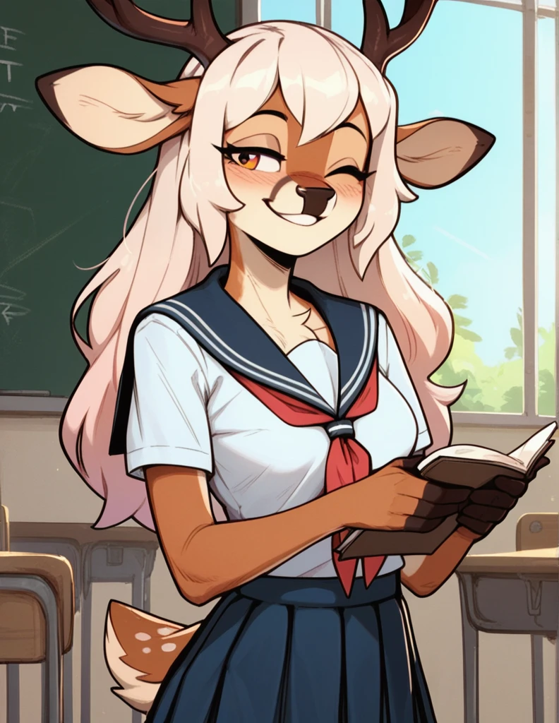 Half-closed eyes, smug smile , 1girl, anthro, furry, fur, fluffy fur, deer girl, trying to lift her school uniform, one closed eye, school background, score_9, score_8_up, score_7_up, score_6_up, score_5_up, score_4_up