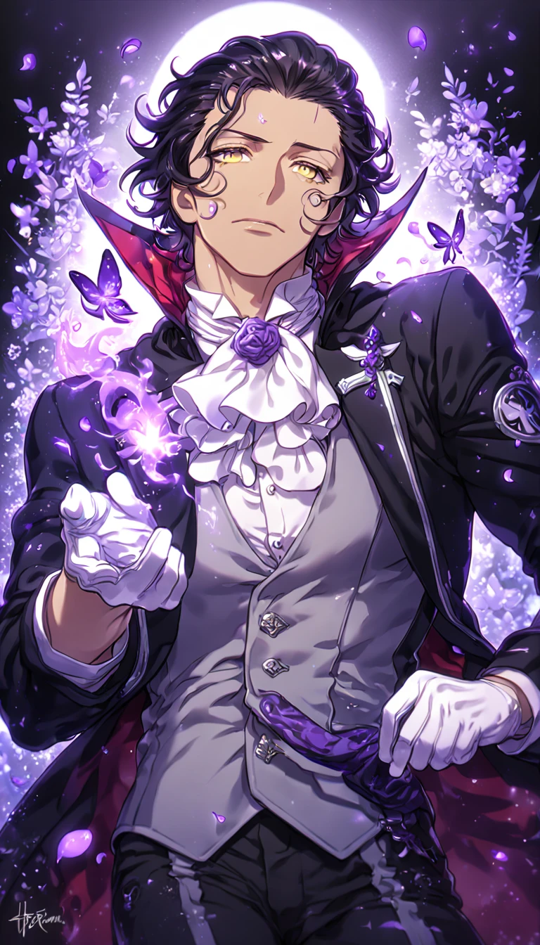 Ultra detailed, HDR, Highres, absurdres, master piece, Tyki Mikk, black hair, hair slicked back, ruffled wavy hair, short hair, expressive yellow eyes, dark gray skin, black coat, white shirt, white cravat, white gloves, gray vest, D.Gray-man, sexy man, handsome, purple flowers, petals, fantasy, magical, purple leaves, handsome, best quality, glittering, sensual, horny, water, purple shining fireflies, solo, small purple butterflies, purple flames