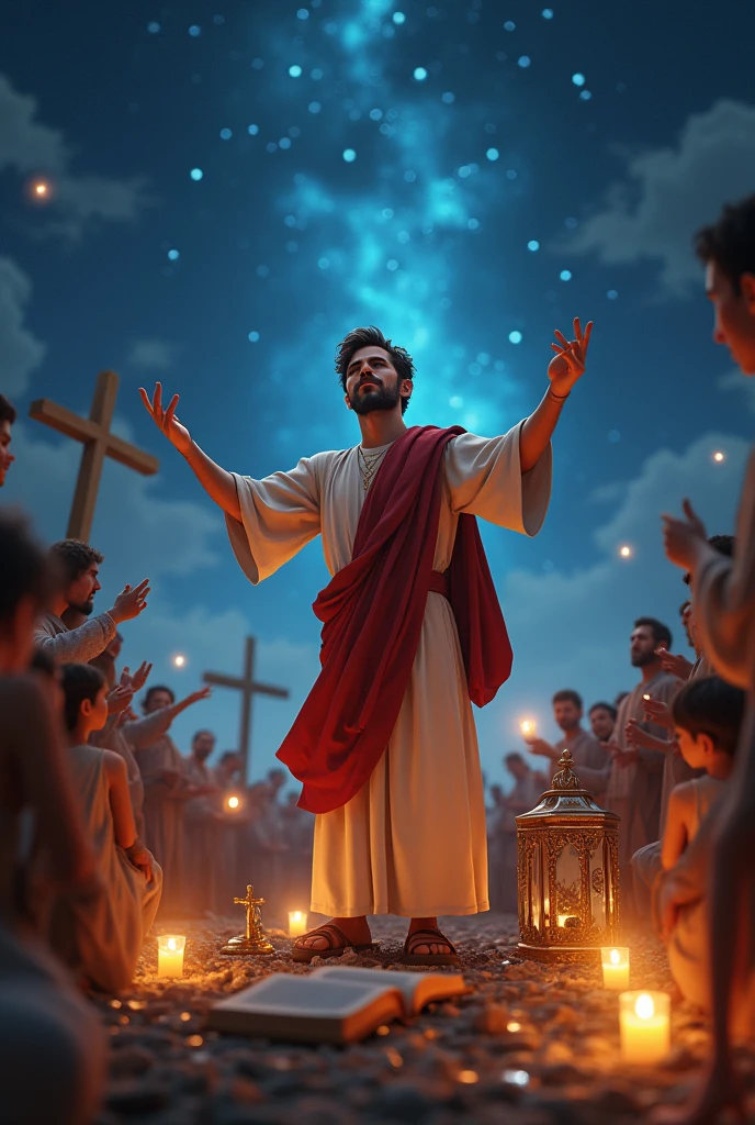 Preaching the gospel to many people with a young man, some books, stars and crosses 3d drawing