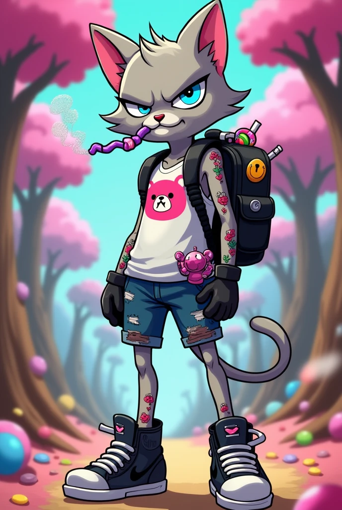 Create a high, light gray humanoid cat male thin, he has a cut over his left eye and his right ear has a tear at the tip, wearing a ripped white tank top with a pink teddy bear print, Nike high top sneakers, black gloves, a lolipop holster that carries candy, A long black pair of shorts, light blue eyes with an angry expression, He has a crazy face, he has some tattoos on his body, wears a black backpack and smokes a purple cigarette. O fundo deve ser uma floresta de doces, o personagem TEM UMA CARA DE LOUCO, CRAZY, ELE TEM UM CORTE NA CARA, CORTE NO ROSTO. O estilo de arte deve ser o estilo Cartoon Adventure Time.