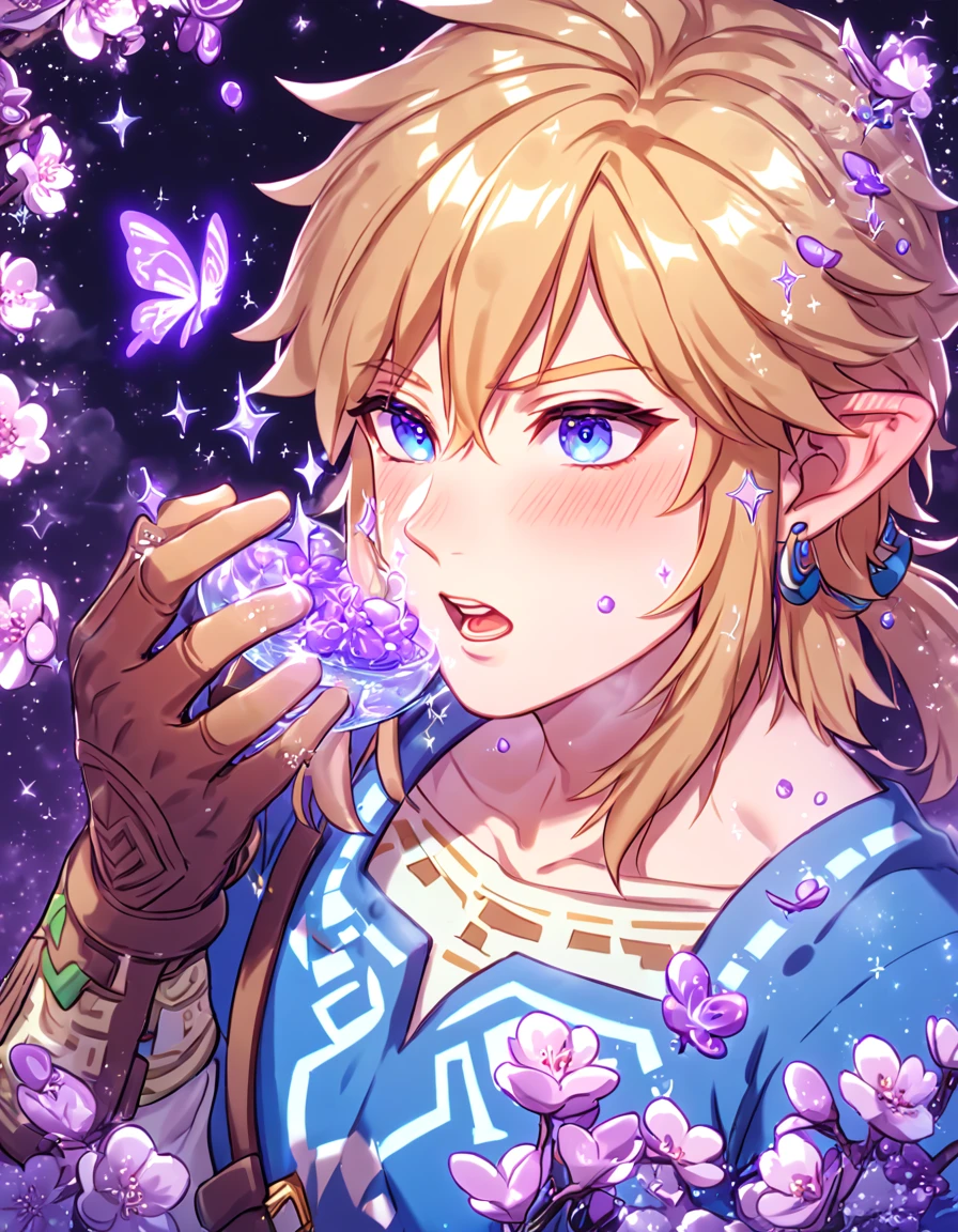 absurdres, highres, ultra detailed, HDR, master piece, best quality, Link, blonde hair, expressive blue eyes, The Legend Of Zelda Breath Of The Wild, solo, sexy man, handsome, sensual, horny, blue tunic, brown gauntlets, fantasy, magical, shining, purple flowers, blossoms, water, purple petals, purple butterflies, sparkling, purple moon, starry sky