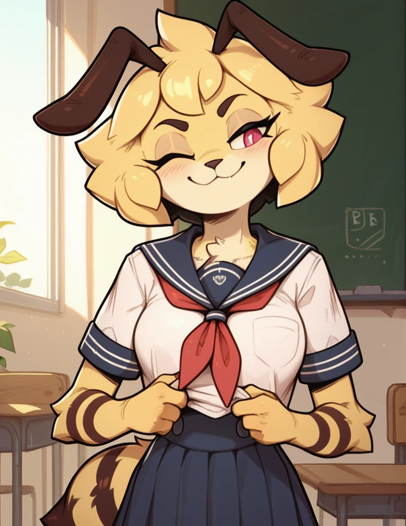 Half-closed eyes, smug smile , 1girl, anthro, furry, fur, fluffy fur, bee girl, trying to lift her school uniform, one closed eye, school background, score_9, score_8_up, score_7_up, score_6_up, score_5_up, score_4_up