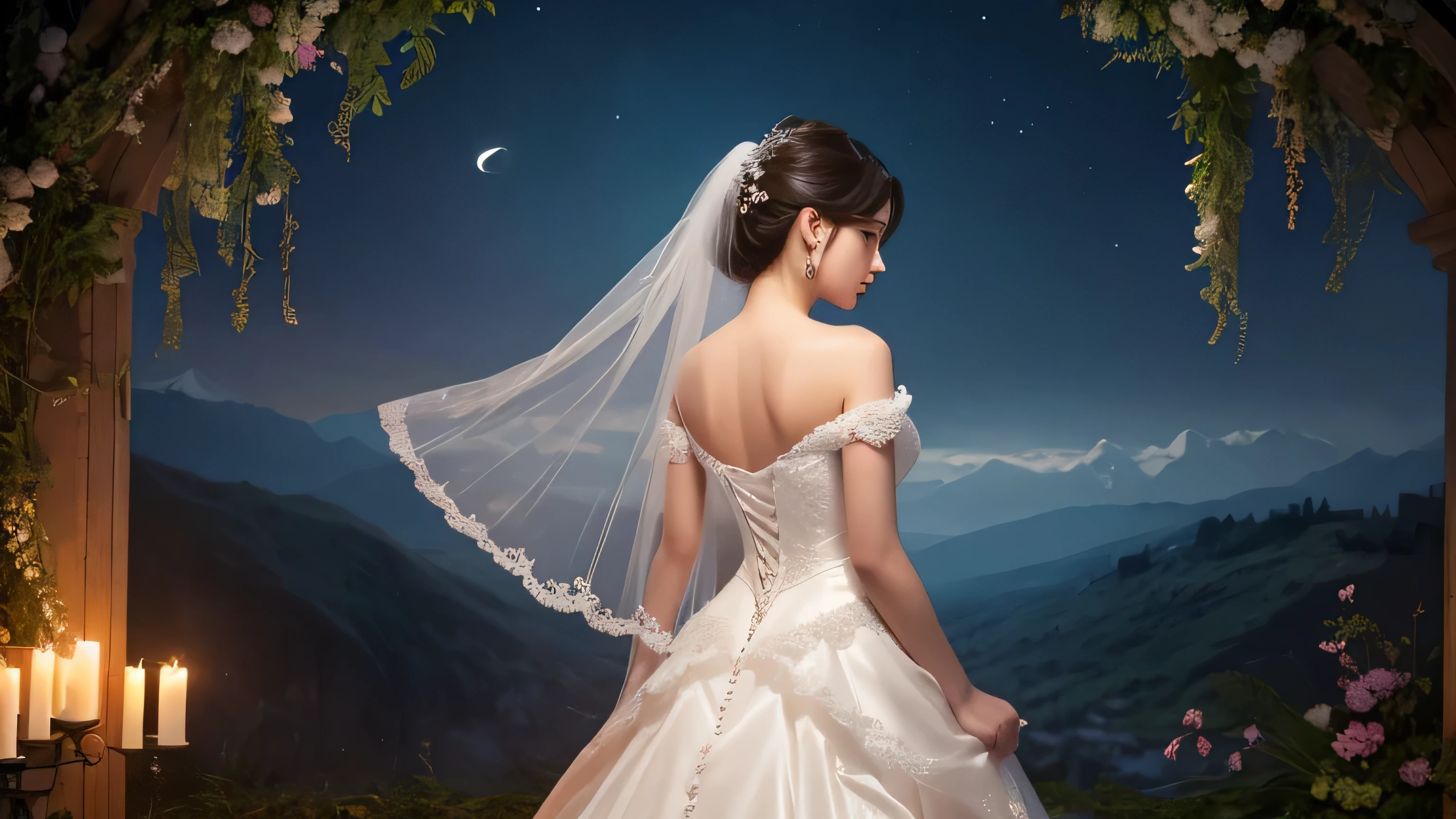 [Core Concept] A portrait of a young woman in a stunning wedding gown, awaiting a romantic embrace under the soft glow of a moonlit night.

[Character Description] The woman is depicted in full-body view, her delicate features framed by a flowing bridal veil. Her expression is one of anticipation and joy, with a gentle blush across her cheeks.

[Environment/Background] The scene is set against a serene, nocturnal landscape, the night sky dotted with twinkling stars. The woman stands in a serene, secluded setting, her surroundings shrouded in a mystical, ethereal atmosphere.

[Style and Atmosphere] The illustration is of the highest quality, with a level of detail and realism that elevates it to the status of a masterpiece. The overall mood is one of romantic, dreamlike wonder, capturing the beauty and emotion of the moment.

[Composition] The woman's pose is graceful and elegant, with her arms gently resting behind her back, her gaze directed towards the viewer, inviting them to share in the anticipation of the impending kiss.

[Details and Embellishments] The intricate lace and delicate embroidery of the wedding gown are rendered with exquisite attention to detail, highlighting the craftsmanship and artistry of the design.

[Technical Specifications] This illustration is a high-resolution, masterfully crafted digital artwork, created with the utmost care and attention to quality.