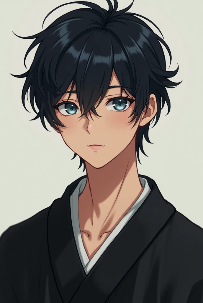 Create a brown-skinned man, 18-years old, light blue eyes like a clear sky,Bblack hair, with 1,80 tall weighing 60 kilos, Wearing a black kimono