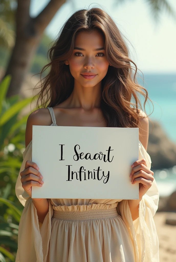 Beautiful girl with wavy long hair, bohemian dress, holding a white board with text "I Love Seaart Infinity" and showing it to the viewer