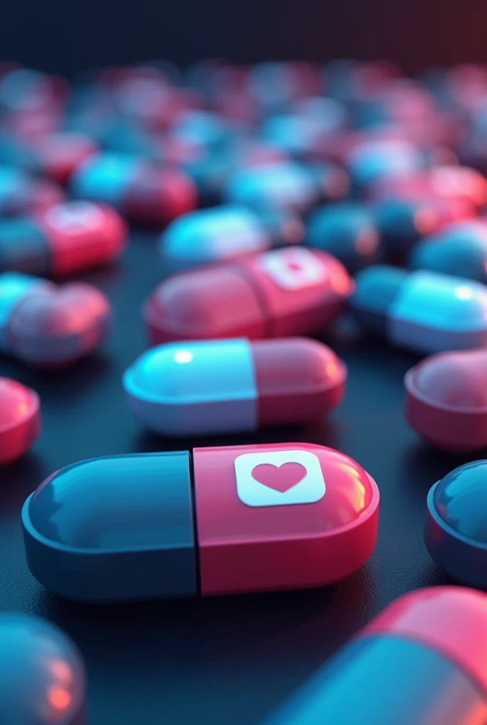 lower front angle image of social media logos and pills simulating that social media are drugs. ultra realisitic