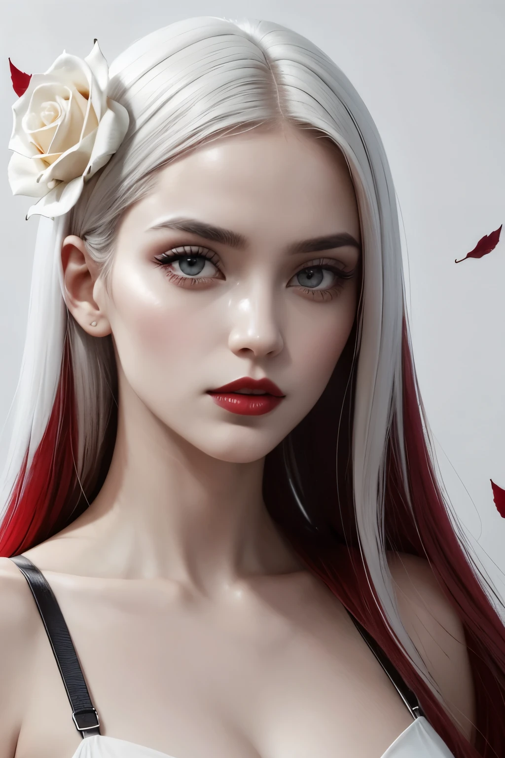 **High contrast, close-up digital painting showing a pair of glossy red lips and a matte white rose. The lips are prominently displayed in the center, with a high gloss reflecting light, creating a striking visual effect against the solid, matte dark background. The matte white rose, positioned to the right of the lips, has detailed calyx and leaves and a matte finish, adding to the dramatic, melancholic atmosphere of the image. The overall composition is minimalistic, with a focus on the interplay between vibrant red and deep black colors.**