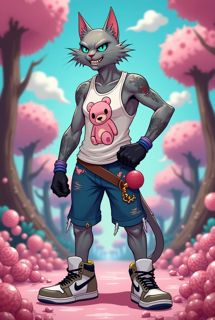 Create a high, light gray humanoid cat male thin, he has a cut over his left eye and his right ear has a tear at the tip, wearing a ripped white tank top with a pink teddy bear print, Nike high top sneakers, black gloves, a lolipop holster that carries candy, A long black pair of shorts, light blue eyes with an angry expression, He has a crazy face, he has some tattoos on his body, wears a black backpack and smokes a purple cigarette. O fundo deve ser uma floresta de doces, o personagem TEM UMA CARA DE LOUCO, CRAZY, ELE TEM UM CORTE NA CARA, CORTE NO ROSTO. O estilo de arte deve ser o estilo Cartoon Adventure Time.