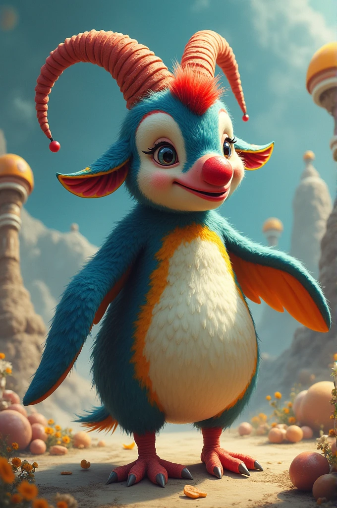 Three animals mixed together, a goat, a penguin and a clown