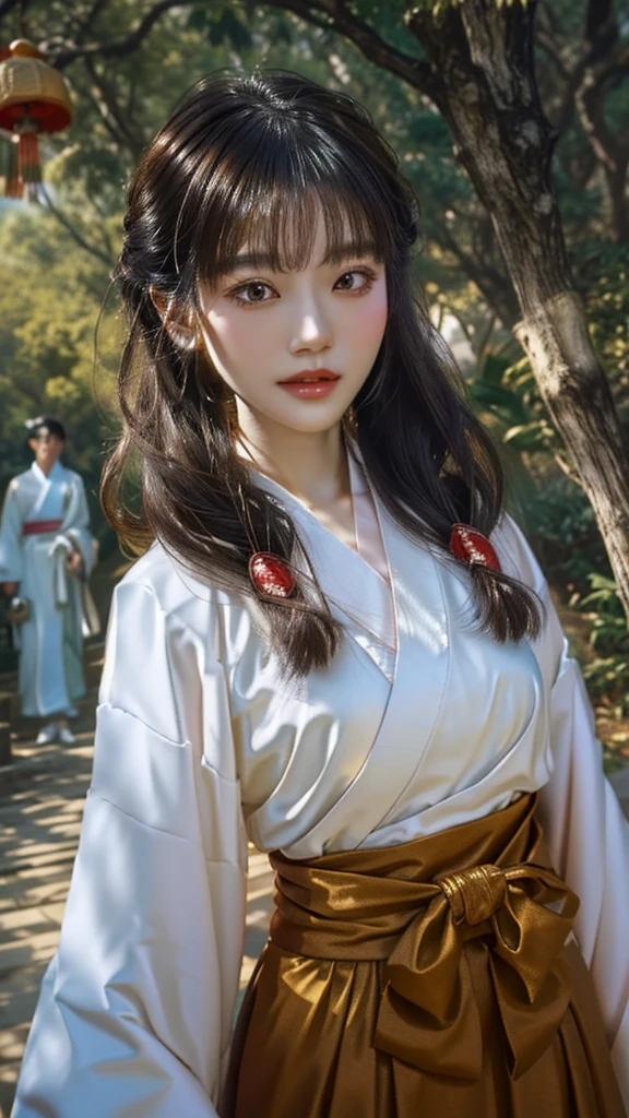 An Asian woman in her fifties wearing a white and red dress standing in a park, white Hanfu, palace ， a girl in Hanfu, Hanfu, Flowing hair and long robes, Wearing ancient Chinese costumes, Wearing ancient Chinese costumes, Shirahime cut hairstyle, Live-action movie stills, wearing a simple robe, 長くFlowing white robes, Flowing white robes