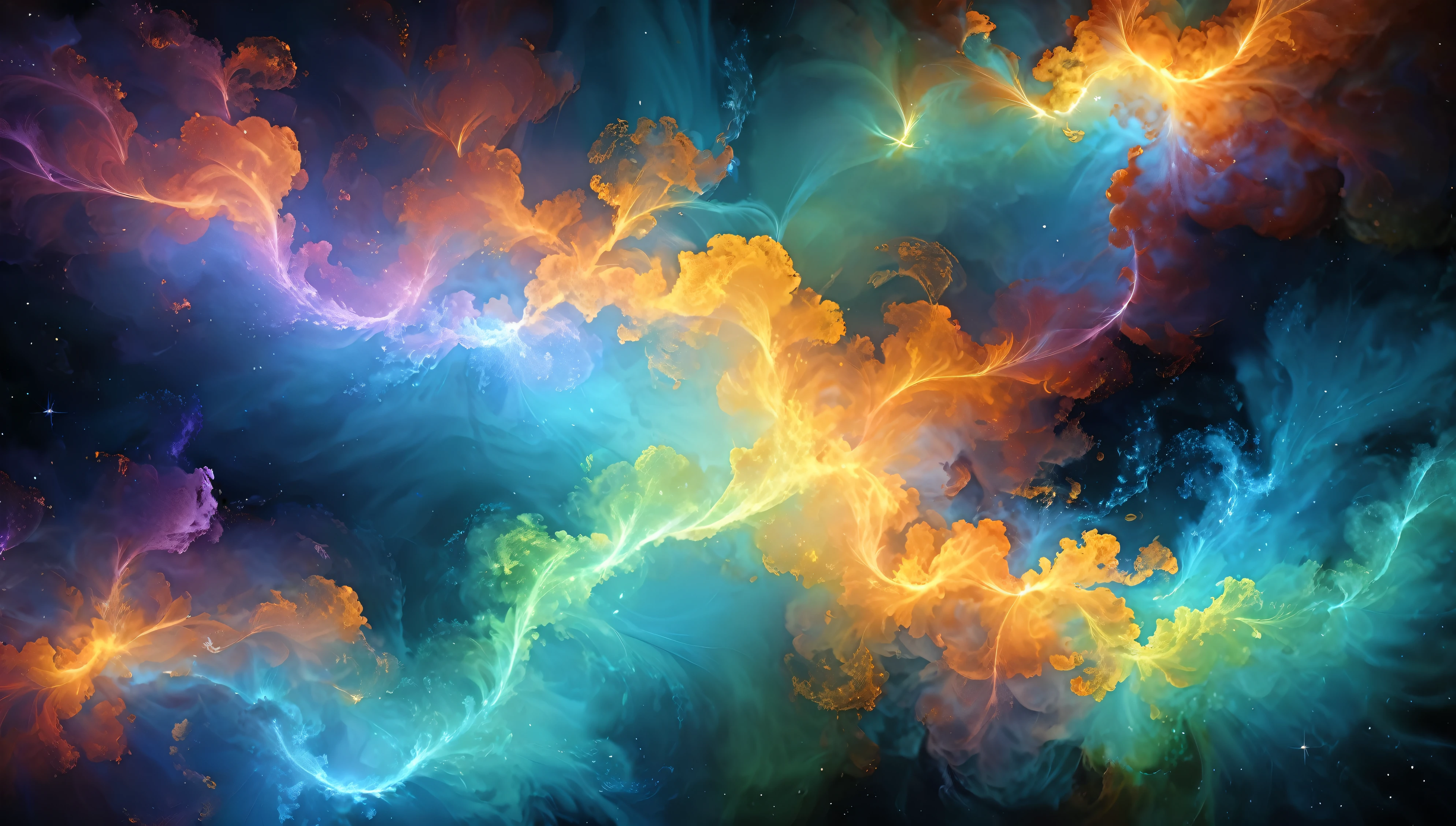 "High-quality, create an abstract digital artwork that illustrates the enchanting fusion of ethereal mist with a vibrant explosion of colorful particles. Start with smooth, flowing mist in shades of soft greens, blues, and golds, blending seamlessly into a burst of dynamic particles in fiery oranges, electric blues, and deep purples. The mist should have a translucent, almost smoky quality, while the particles vary in size and intensity, creating an impression of movement and energy as they disperse through the mist,. Set against a dark or deep navy background, this contrast will allow the particles to shine brightly, accentuating their vibrant colors and the glow of the mist. Use gradients and soft lighting to create depth, highlighting the interplay between light and shadow as the particles and mist interact. The composition should feel like a delicate balance between chaos and harmony, evoking a sense of wonder, mystery, and exploration. Aim for a captivating, surreal scene where the mist and particles come together in a dance of colors, creating a dreamlike atmosphere that draws the viewer into a world of abstract beauty and imagination."