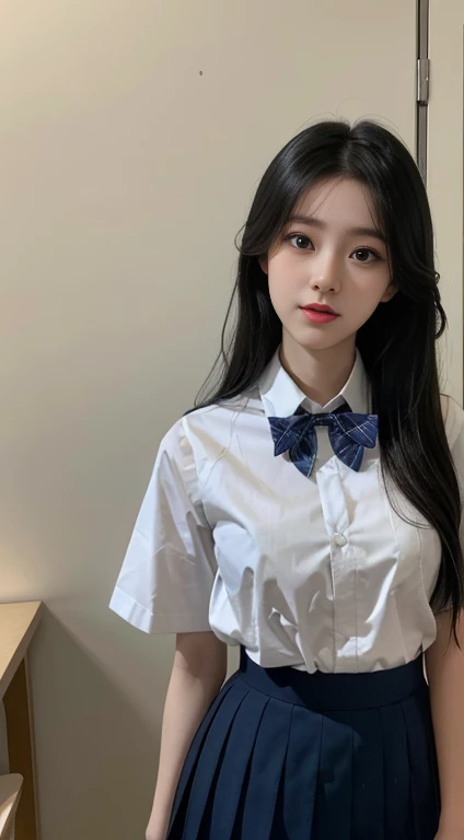 (masterpiece, highest quality:1.2), 8k,  years, 85mm, Official Art, RAW Photos, Absurd、In the dressing room with the washing machine、White student uniform shirt, Pretty face, close, Upper Body,  Beautiful girl with straight medium long hair,  (Navy Pleated Skirt:1.2), Squeeze the waist, Thighs, Short sleeve, Model pose、View your audience, No makeup, (smile:0.4), Film Grain, chromatic aberration, Sharp focus, Face Light, Bright lighting, Teen, Detailed face, Bokeh Background, (Dark navy blue bow tie:1.1)