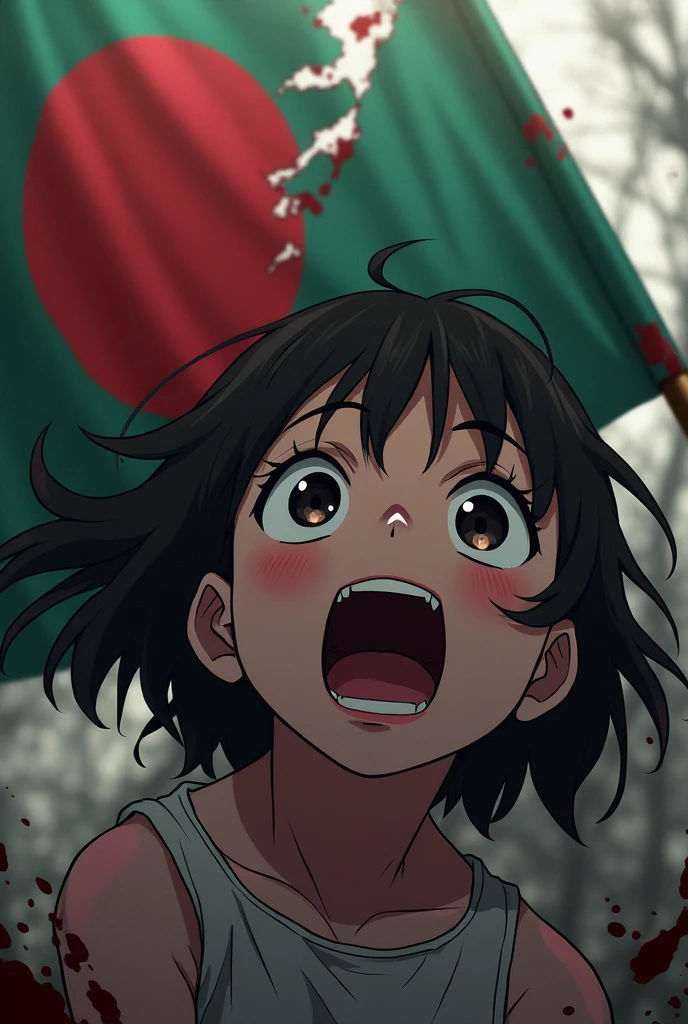 Blood covered ripped Bangladeshi flag beside a screaming girl anime