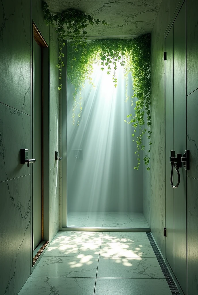 Fantastic shower room with marble walls and ceiling.Green ivy hangs from the ceiling and modern metal fixtures can be seen behind glass doors.With light streaming in and fog rolling in, the image expresses a mysterious atmosphere that blends the natural with the man-made."