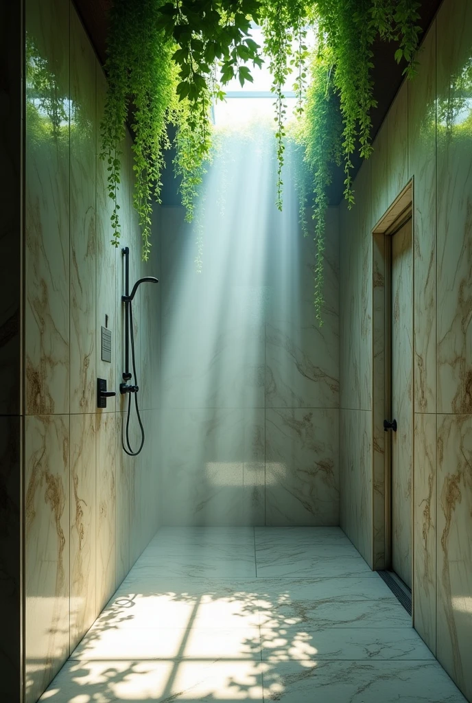 Fantastic shower room with marble walls and ceiling.Green ivy hangs from the ceiling and modern metal fixtures can be seen behind glass doors.With light streaming in and fog rolling in, the image expresses a mysterious atmosphere that blends the natural with the man-made."
