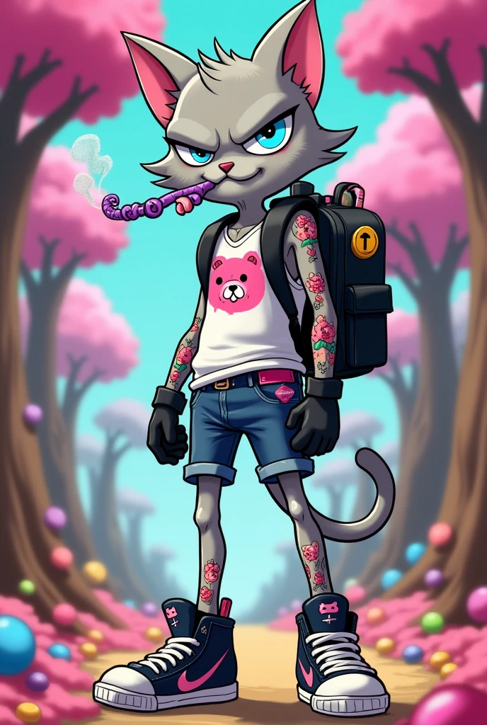 Create a high, light gray humanoid cat male thin, he has a cut over his left eye and his right ear has a tear at the tip, wearing a ripped white tank top with a pink teddy bear print, Nike high top sneakers, black gloves, a lolipop holster that carries candy, A long black pair of shorts, light blue eyes with an angry expression, He has a crazy face, he has some tattoos on his body, wears a black backpack and smokes a purple cigarette. O fundo deve ser uma floresta de doces, o personagem TEM UMA CARA DE LOUCO, CRAZY, ELE TEM UM CORTE NA CARA, CORTE NO ROSTO. O estilo de arte deve ser o estilo Cartoon Adventure Time.