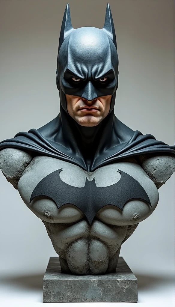 [Core Concept] A stone bust sculpture depicting the iconic superhero, Batman. [Character Description] The sculpture portrays a stoic and brooding Batman, his cowl casting dramatic shadows over his chiseled features. The expression is one of intense focus and determination, conveying the character's unwavering resolve to protect the city. [Environment/Background] The bust emerges from a plain, unadorned stone backdrop, allowing the powerful visage of the Dark Knight to take center stage. [Style and Atmosphere] The sculpture has a rugged, weathered aesthetic, with the rough-hewn stone surface accentuating the gritty and imposing nature of the character. The overall atmosphere is one of strength, resilience, and a sense of dark heroism. [Composition] The sculpture is designed with a strong, angular composition, mirroring the angular lines and sharp edges of Batman's iconic costume. The bust is positioned in a commanding, forward-facing stance, commanding the viewer's attention. [Details and Embellishments] Intricate details are carved into the stone, capturing the subtle textures and contours of Batman's cowl, the defined musculature of his jawline, and the intense gaze of his eyes. These meticulous details add depth and realism to the sculpture. [Technical Specifications] The stone bust sculpture is a large-scale, finely crafted work of art, showcasing the skilled craftsmanship of the sculptor. The use of durable stone material ensures the longevity and permanence of this powerful representation of the Batman character.