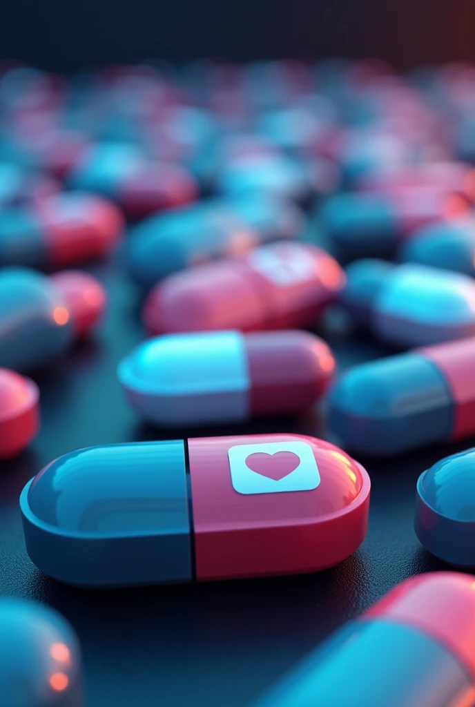 lower front angle image of social media logos and pills simulating that social media are drugs. ultra realisitic. Horizontal image
