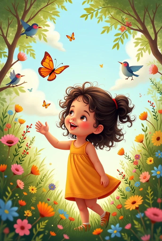 "Illustration of a 2-year-old girl with dark brown, wavy hair featuring a few soft curls, playing in a vibrant garden. The garden is alive with colorful flowers, butterflies fluttering around her, and birds perched on nearby branches. The girl, with a curious and joyful expression, is reaching out towards a butterfly, surrounded by lush greenery. The scene is warm and whimsical, capturing the innocence and wonder of the young girl exploring the magical, nature-filled environment."






