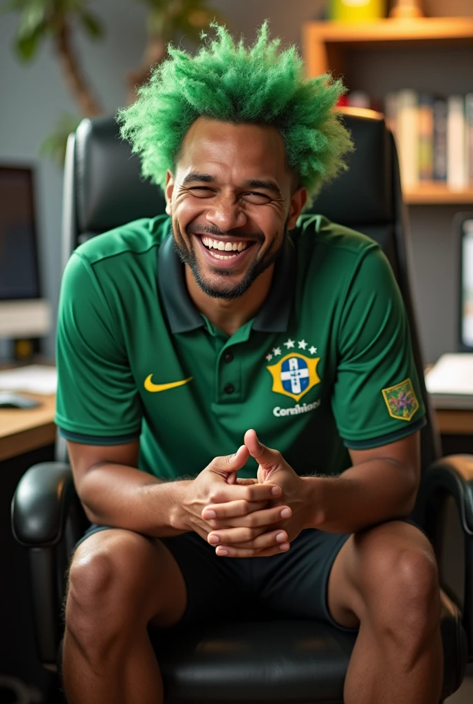 A Brazilian man laughing, hair green, Corinthians shirt, black shorts, sitting in a desk chair