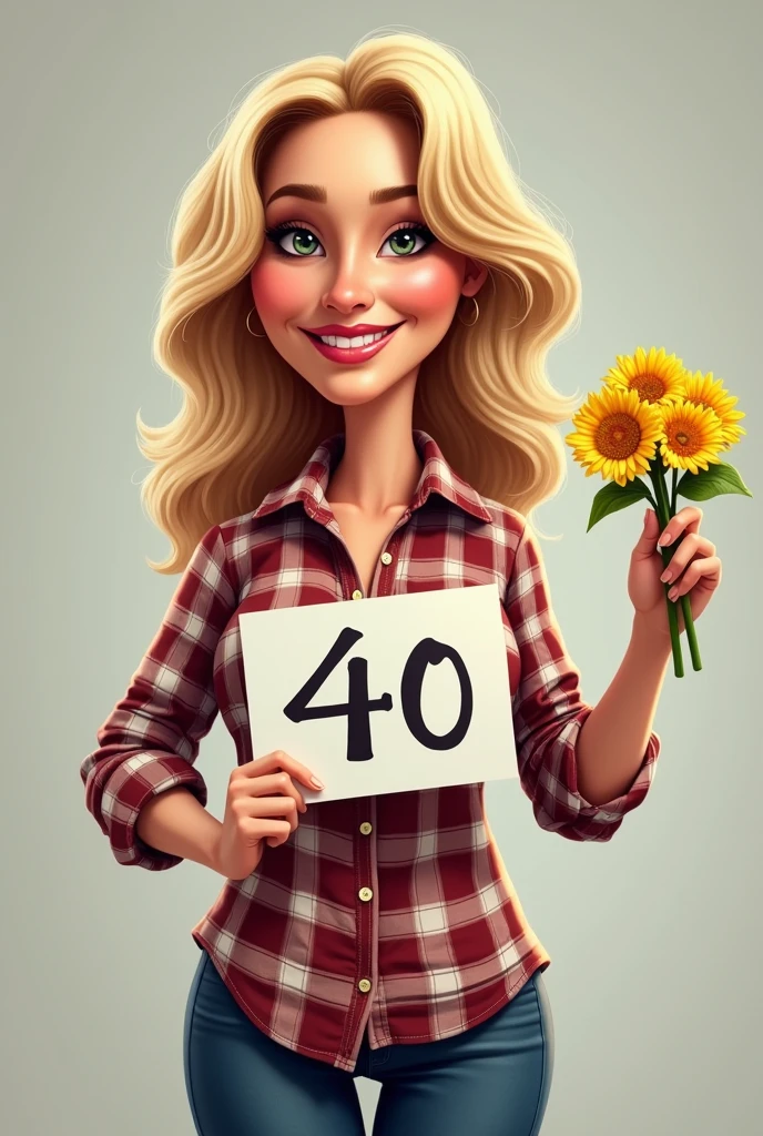 blonde woman in plaid shirt holding a sign saying 40 years old, in hand and another small bouquet with yellow flowers, very high quality image, caricaturist alarcón, 20 year, 2 0, photo realist, Carolina Gariba, top quality photo,  fernanda suarez, fot, powder Nándor Katona, she is about 30 years old