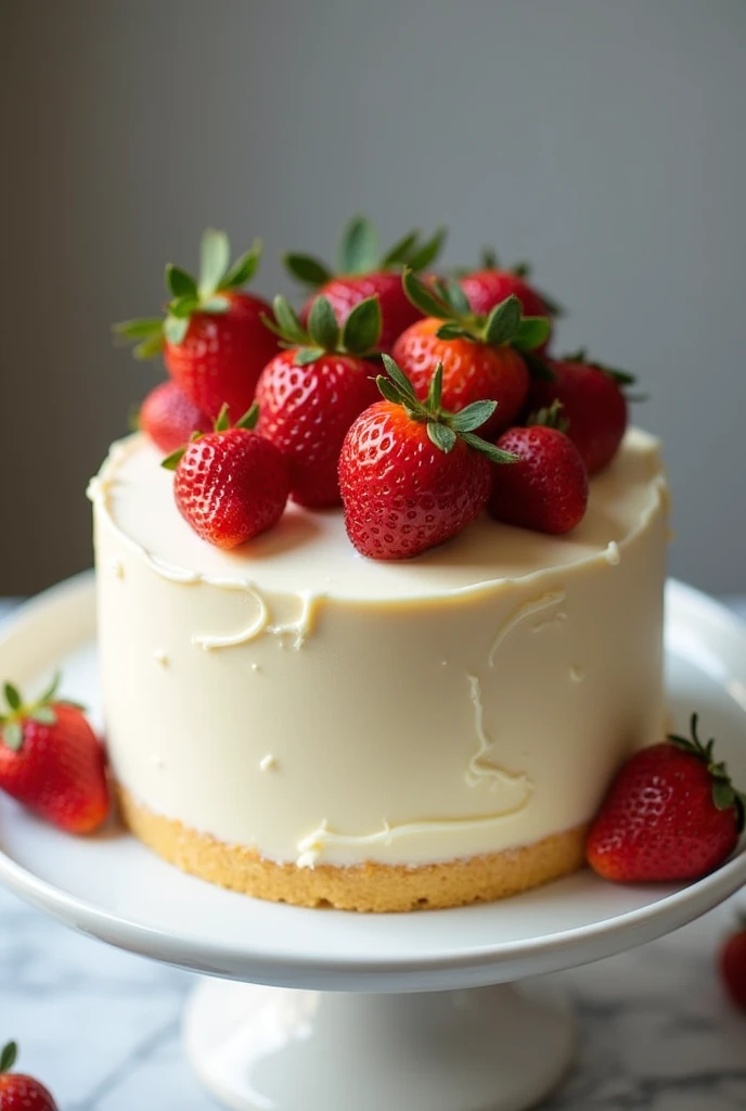 A vanilla cake topped with a layer of white chocolate, decorated with fresh strawberries on top