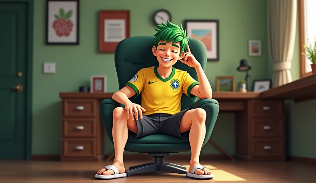 Um homem brasileiro, with green hair, Corinthians shirt, with black shorts and white flip-flops sitting in a secretary chair smiling with his eyes closed and one hand on his head