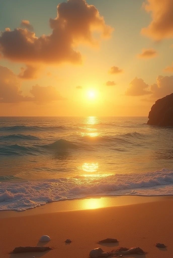 Create an epic landscape image of a tranquil beach at sunset. The sky is painted with warm yellow and golden hues as the sun dips low on the horizon, casting a gentle glow across the water. The ocean is calm, with soft waves lapping at the shore, reflecting the golden light. In the foreground, the sandy beach is smooth and untouched, with a few scattered seashells. The overall atmosphere should evoke a profound sense of peace and tranquility, with a focus on the serene beauty of nature as day transitions into night