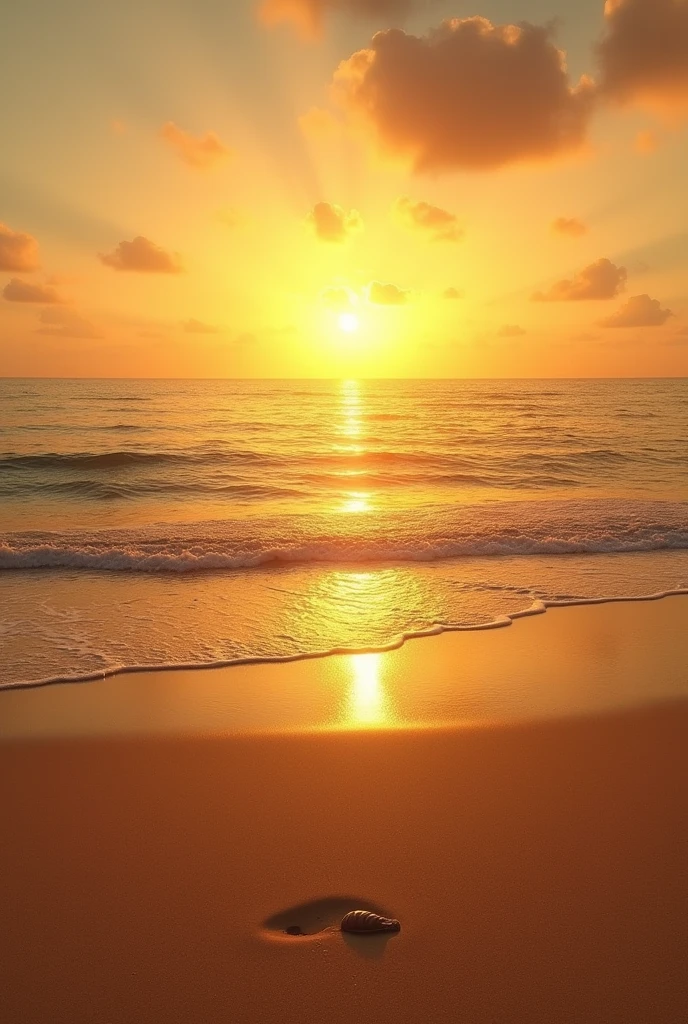 Create an epic landscape image of a tranquil beach at sunset. The sky is painted with warm yellow and golden hues as the sun dips low on the horizon, casting a gentle glow across the water. The ocean is calm, with soft waves lapping at the shore, reflecting the golden light. In the foreground, the sandy beach is smooth and untouched, with a few scattered seashells. The overall atmosphere should evoke a profound sense of peace and tranquility, with a focus on the serene beauty of nature as day transitions into night