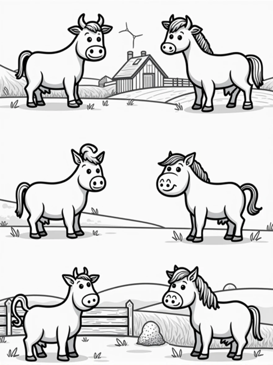 Simple line drawings of farm animals like cows, chickens, pigs, and horses. Include farm elements like wooden fences, barns, and fields. The style should be easy for children to color."
