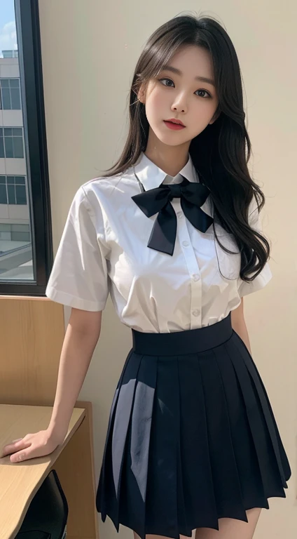 Korean school uniform、Summer shirts、Tight shirt、Bow tie、skirt、School、School的楼梯、Improved posture、The point is、Thin and large、8K Original Photo、high resolution、18 year old Korean、Looks awkward、Extra large round,Beautiful details、Long eyelashes、Nice double eyelids、Eyeshadow、Eyeliner、Eyes become longer、Elongate the shape of the eyes、Sanbai's eyes are beautiful, Thin legs, And beautiful long legs.、Random Shorthair Cat、Tie your hair up、Ear nipple rings、Light brown hair、(Wear pantyhose)、Hold your knees,8k 最high resolution,Rich in details, Sexy and seductive pose, professional, The breasts were about to burst out of the clothes(Seductive figure)、(Large Breasts)、Perfect hands, Perfect hands指, Perfect pubic bone, Perfect fit, Perfect body, Perfect face shape, Picture-perfect reality, background, Detailed clothing,The shirt is not buttoned properly