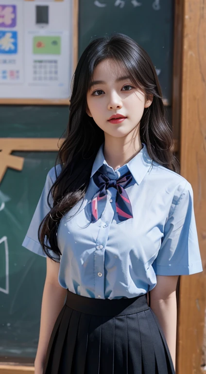 Korean school uniform、Summer shirts、Tight shirt、Bow tie、skirt、School、School的楼梯、Improved posture、The point is、Thin and large、8K Original Photo、high resolution、18 year old Korean、Looks awkward、Extra large round，Beautiful details、Long eyelashes、Nice double eyelids、Eyeshadow、Eyeliner、Eyes become longer、Elongate the shape of the eyes、Sanbai&#39;s eyes are beautiful, Thin legs, And beautiful long legs.、Random Shorthair Cat、Tie your hair up、Ear nipple rings、Light brown hair、(Wear pantyhose)、Hold your knees，8k 最high resolution，Rich in details, Sexy and seductive pose, professional, The breasts were about to burst out of the clothes(Seductive figure)、(Large Breasts)、Perfect hands, Perfect hands指, Perfect pubic bone, Perfect fit, Perfect body, Perfect face shape, Picture-perfect reality, background, Detailed clothing,The shirt is not buttoned properly