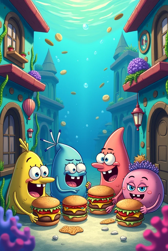 "Illustrate a whimsical underwater scene in the style of the 'SpongeBob SquarePants' animated show. The setting is a colorful and quirky part of Bikini City, where a group of anthropomorphic sea creatures, resembling fish, octopuses, and other marine life, are happily eating cheeseburgers. The characters should have playful, exaggerated expressions, enjoying their meals in a casual, fun environment. Surround the scene with vibrant underwater elements like coral, seaweed, bubbles, and quirky, whimsical architecture typical of Bikini Bottom. Ensure the cheeseburgers look delicious with melty cheese and all the classic toppings, despite being underwater."