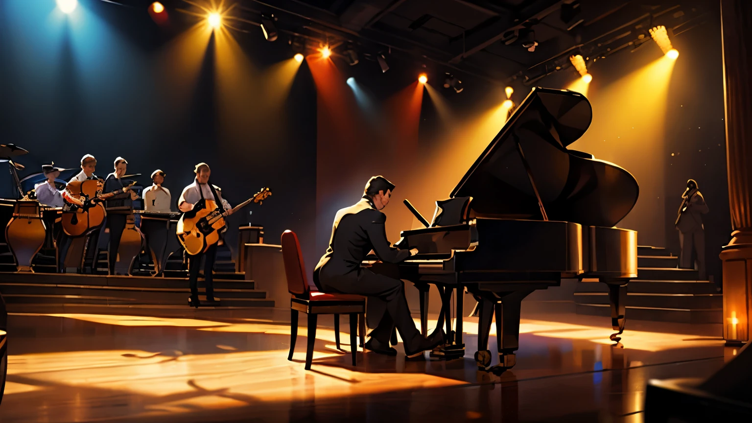 "A dimly lit jazz bar with warm, amber lights casting soft shadows on polished wood. The stage is set with a grand piano, double bass, and saxophone, ready to bring the night to life."Jazz guitar on stage also, 8 k realista