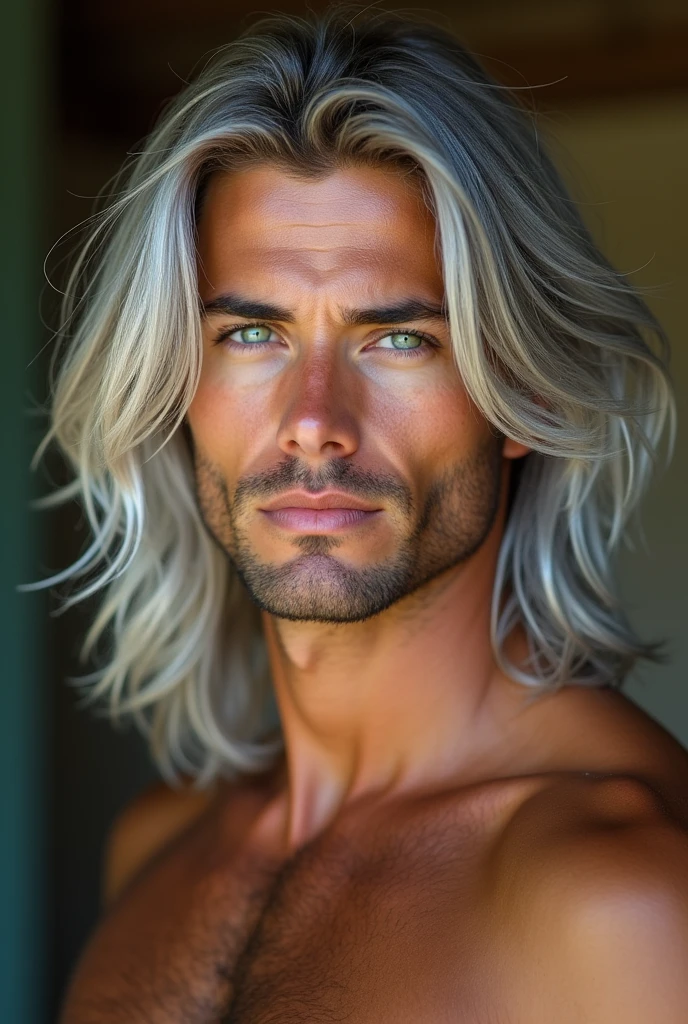 Handsome man with pine green eyes, tanned skin and long shiny silver hair