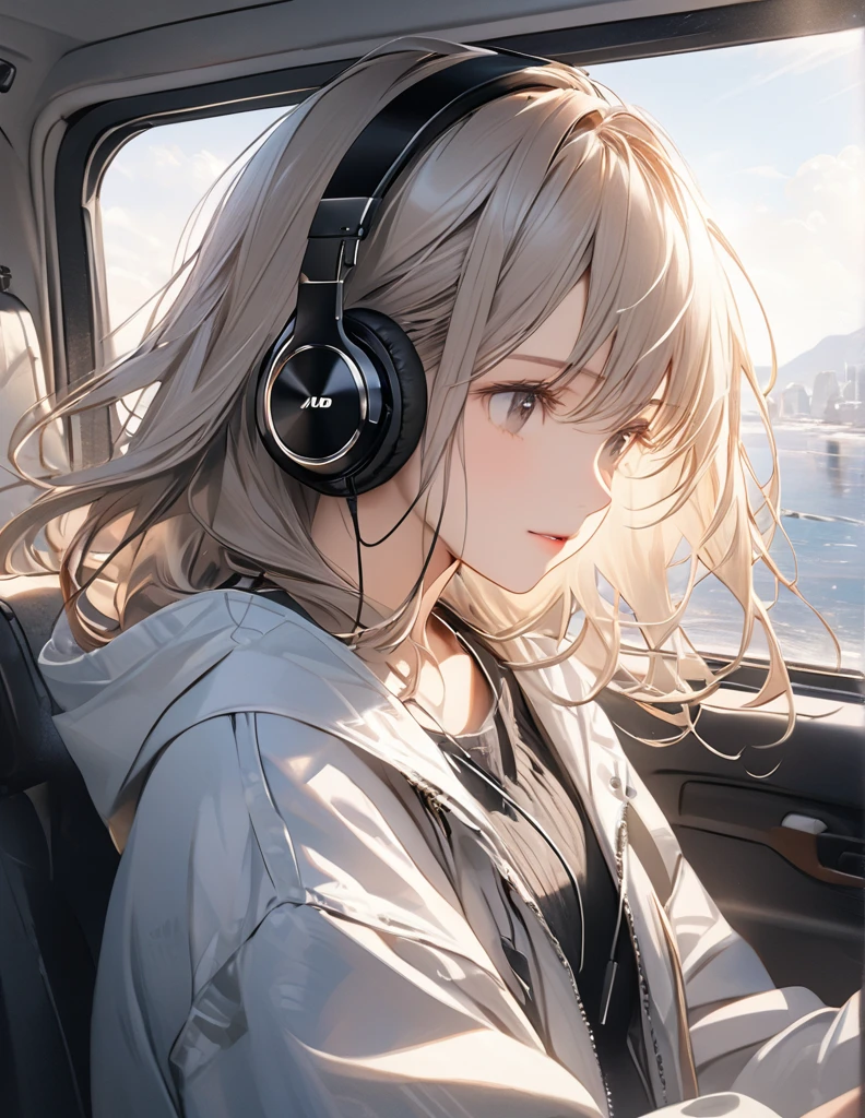 uhd, (masterpiece:1.2), best quality, highres, award winning, high details,Small van、１Girl traveling、(Listening to music with headphones in the car and looking outside with the window open)、Cool work、Her hair is blowing in the wind and she has a calm expression.