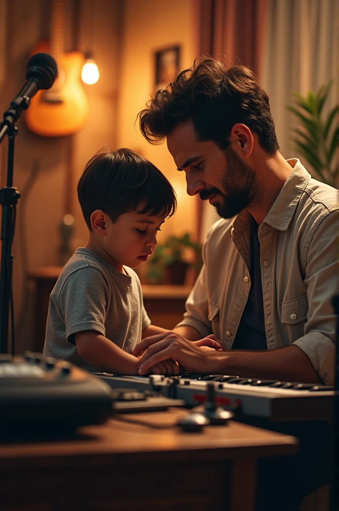 Dad'Son writing with guitar, bass, drums, acoustic guitar, microphone and keyboard symbols