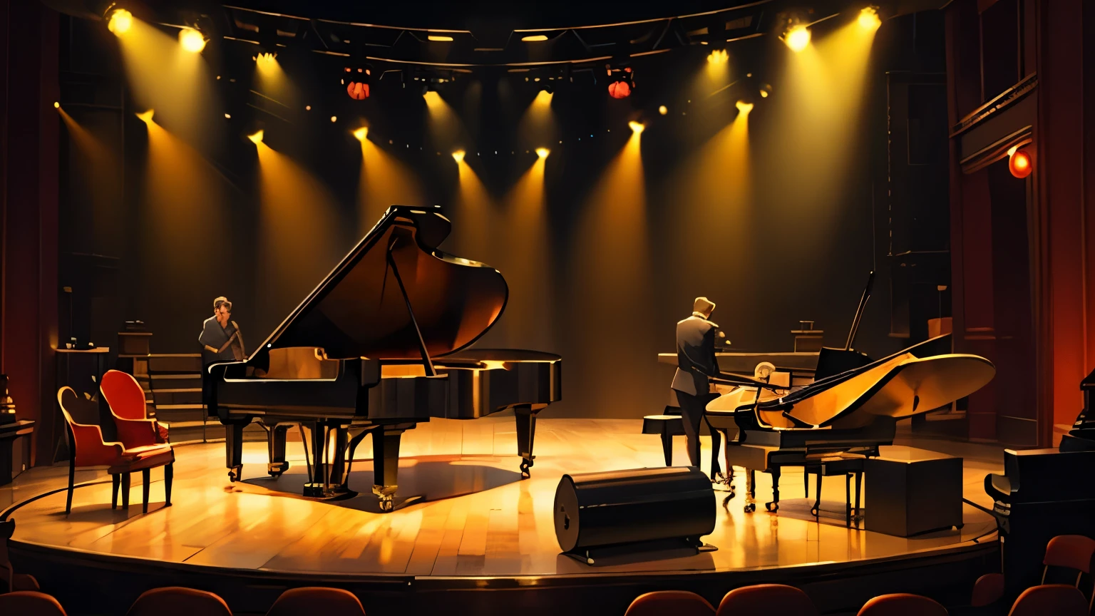 "A dimly lit jazz bar with warm, amber lights casting soft shadows on polished wood. The stage is set with a grand piano, double bass, and saxophone, ready to bring the night to life."Jazz guitar on stage also, 8 k realista