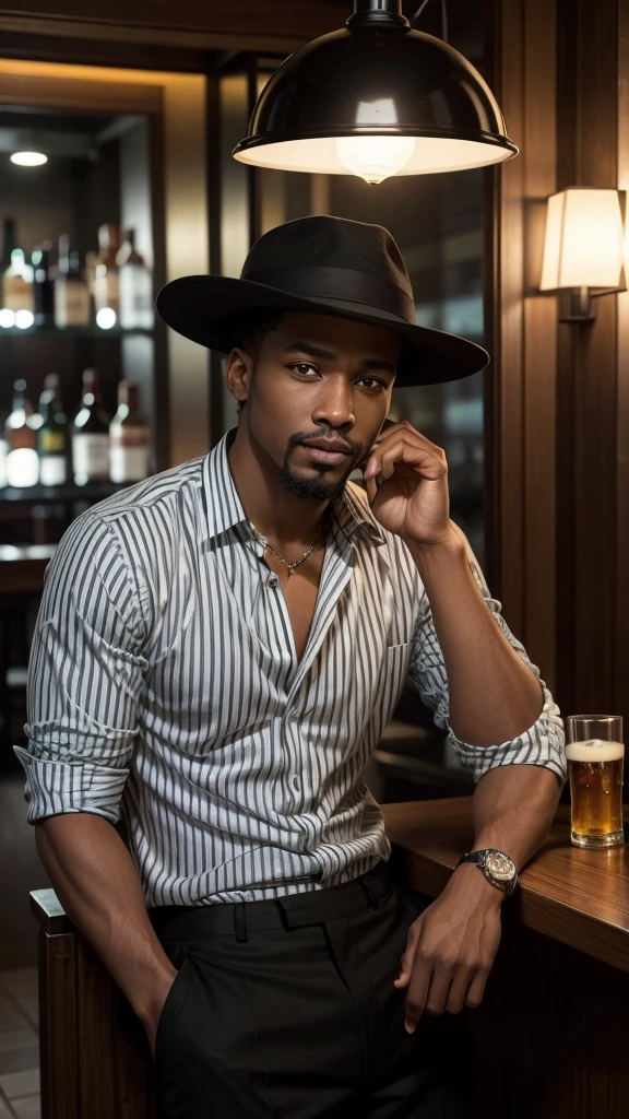 handsome black man with goatee, fine nose, wears a black and white horizontal striped blouse, White pants, sapatos brancos, with a panama hat leaning against a lamp post, with a glass of beer in hand, bar door background, photo ultra realistic