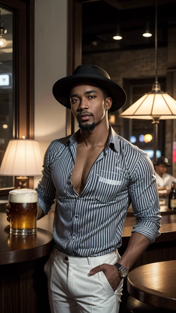 handsome black man with goatee, fine nose, wears a black and white horizontal striped blouse, White pants, sapatos brancos, with a panama hat leaning against a lamp post, with a glass of beer in hand, bar door background, photo ultra realistic