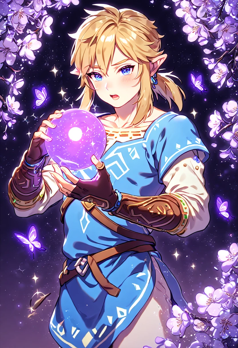 absurdres, highres, ultra detailed, HDR, master piece, best quality, Link, blonde hair, expressive blue eyes, The Legend Of Zelda Breath Of The Wild, solo, sexy man, handsome, sensual, horny, blue tunic, brown gauntlets, fantasy, magical, shining, purple flowers, blossoms, water, purple petals, purple butterflies, sparkling, purple moon, starry sky