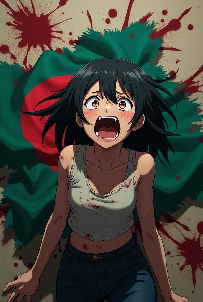 Blood covered ripped Bangladeshi flag beside a screaming girl anime
