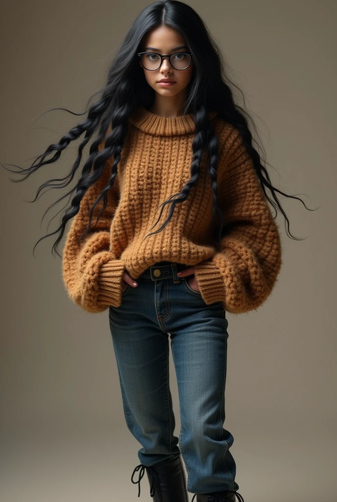 Create a 22 year old girl brown sweater fluff, jean pants, black boots, dark black hair and with black braids and with more glasses