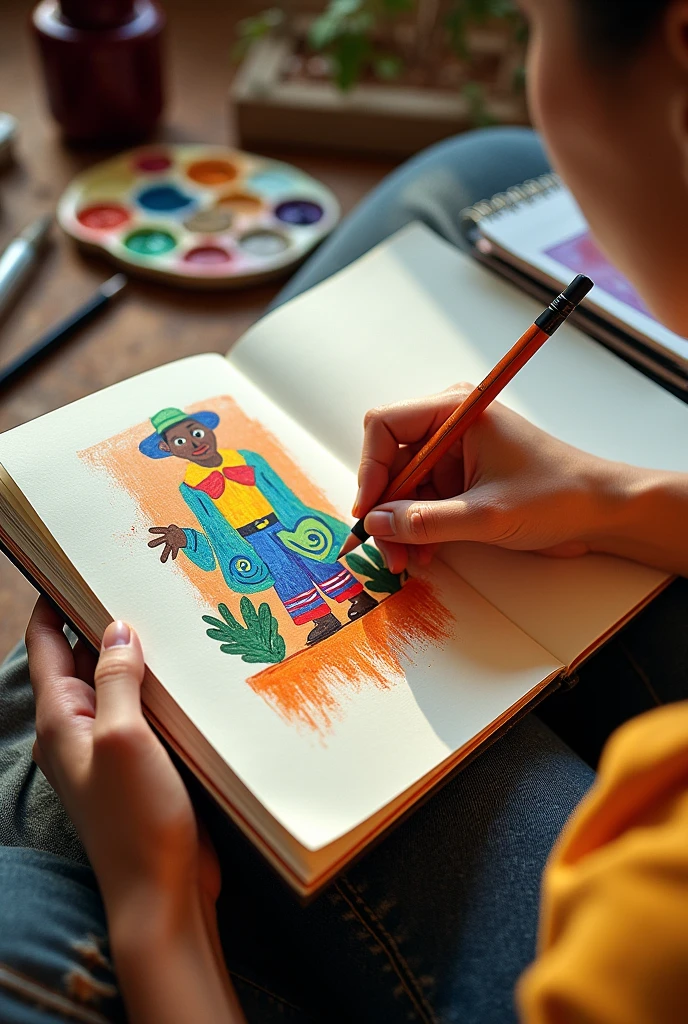 I want you to make a drawing similar to Tarsila do Amaral's drawings, but it should be like a person doing it on paper in a notebook, with pencil and paint.