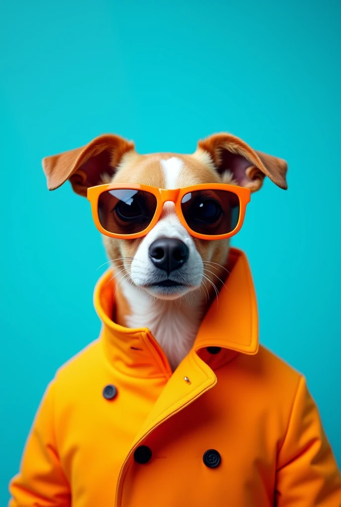 The best cell phone wallpaper, Award-Winning Wallpaper, portrait photography, In the front view is a portrait of a cute dog wearing mid-1960s space age fashion, Side view photo, Shot with Canon EOS R5, Set a strong contrast that accentuates the subject, Fluorescent blue tone, Wearing a very modern coat and sunglasses is a modern 1960s style, Clothes all in one color, beautiful background