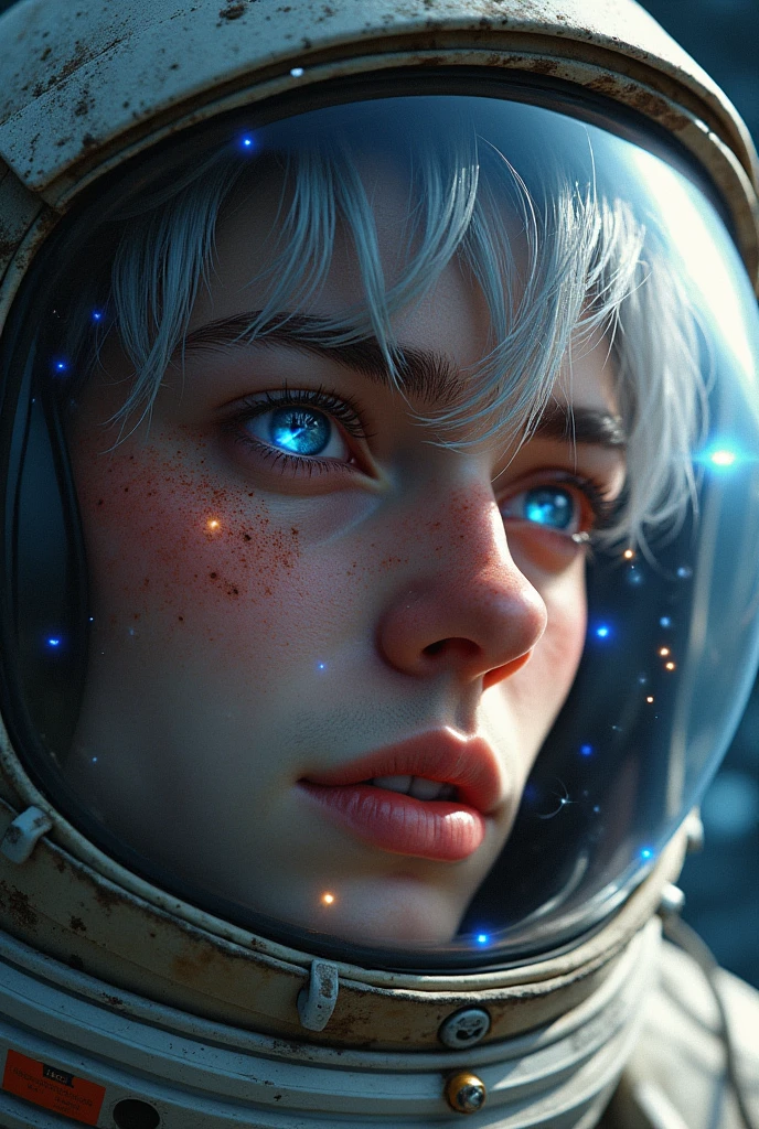 (Close-up of a better masterpiece:1.5)0.9], (Space and astronauts:1.2) (Messy silver hair:1.1) (Heterochromia xanthochromia and blue eyes:1.2) (Space Helmet:1.0) (Colored stars in the eyes:1.0) (A radiant glow:1.1) (thick lips:0.9)
