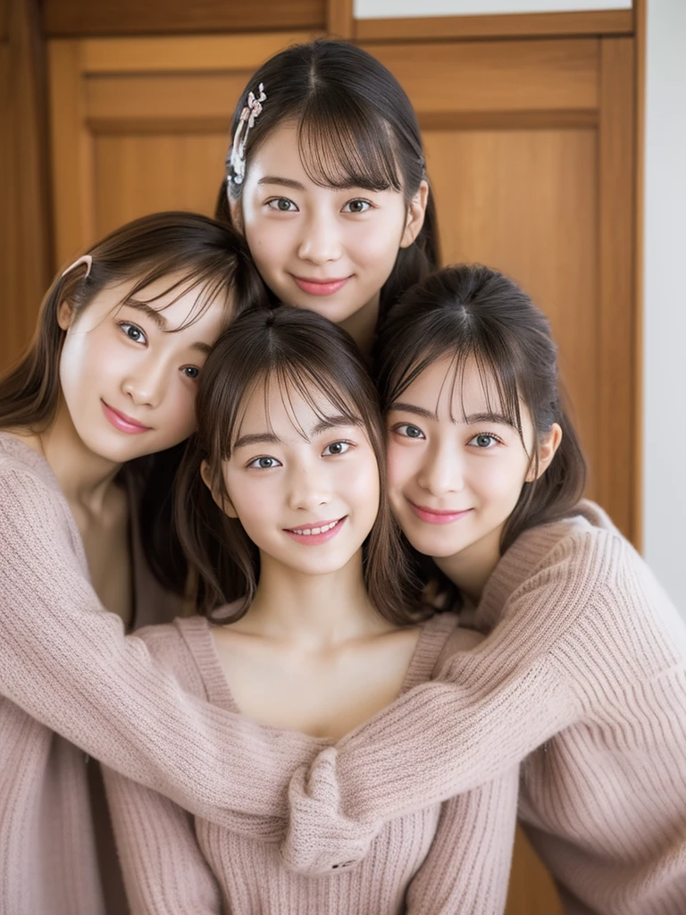 (masterpiece:1.3), (8K, Photoreal, Raw photo, best image quality: 1.4), Japanese high school girl、Similar identical twins、2 girls、(random hairstyle:1.2)、cleavage:1.2、super detail face、eye for details、double eyelid、chest to chest、sharp focus:1.2、Beautiful woman:1.4、light brown hair、highest quality、masterpiece、Super high resolution、(Photoreal:1.4)、Highly detailed and professionally lit smiles、loose and light knitwear, Two girls whose faces, figures, and standing positions are perfectly copied like the virtual image reflected in the mirror and the real image.,To her rightside there is a mirror in which she sees herself., all girls are all exactly the same face, They are hugging each other,